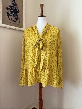 LOFT Yellow Floral Tie-Neck Peplum Blouse